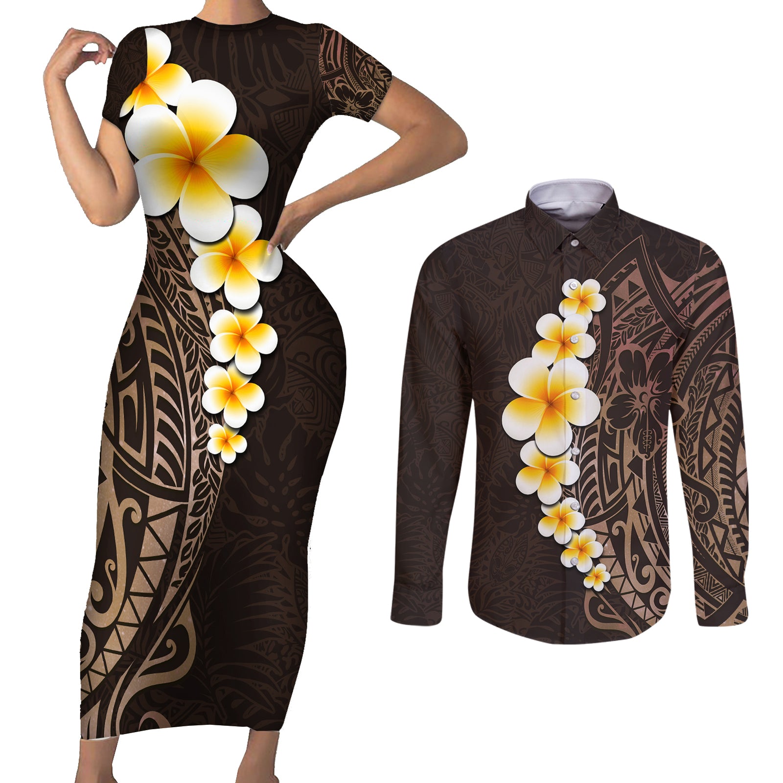 Brown Polynesia Couples Matching Short Sleeve Bodycon Dress and Long Sleeve Button Shirt Plumeria Tropical Leaves With Galaxy Polynesian Art LT14 Brown - Polynesian Pride