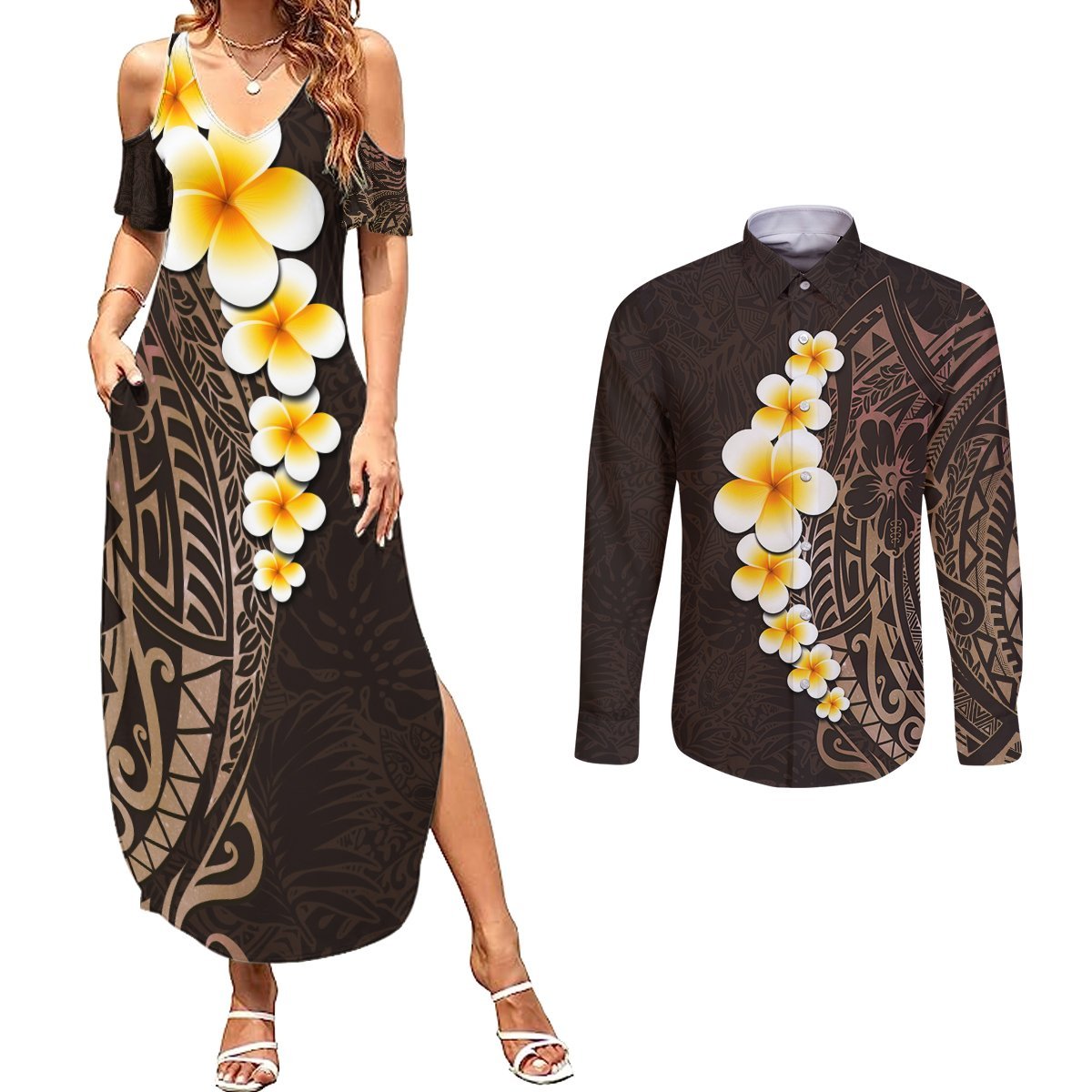 Brown Polynesia Couples Matching Summer Maxi Dress and Long Sleeve Button Shirt Plumeria Tropical Leaves With Galaxy Polynesian Art LT14 Brown - Polynesian Pride