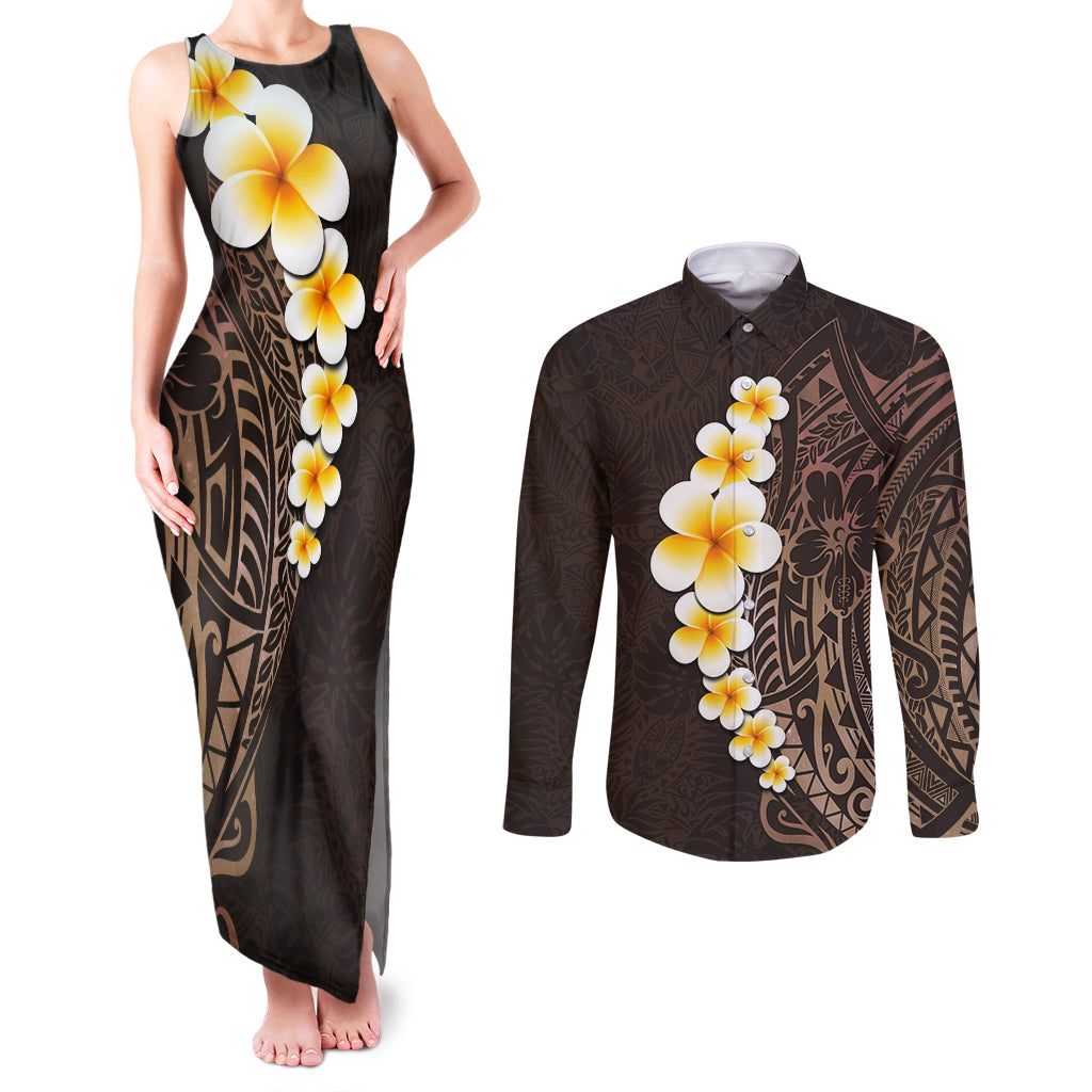 Brown Polynesia Couples Matching Tank Maxi Dress and Long Sleeve Button Shirt Plumeria Tropical Leaves With Galaxy Polynesian Art LT14 Brown - Polynesian Pride