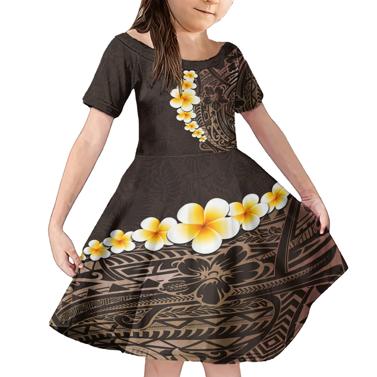 Brown Polynesia Family Matching Off Shoulder Maxi Dress and Hawaiian Shirt Plumeria Tropical Leaves With Galaxy Polynesian Art LT14 Daughter's Dress Brown - Polynesian Pride