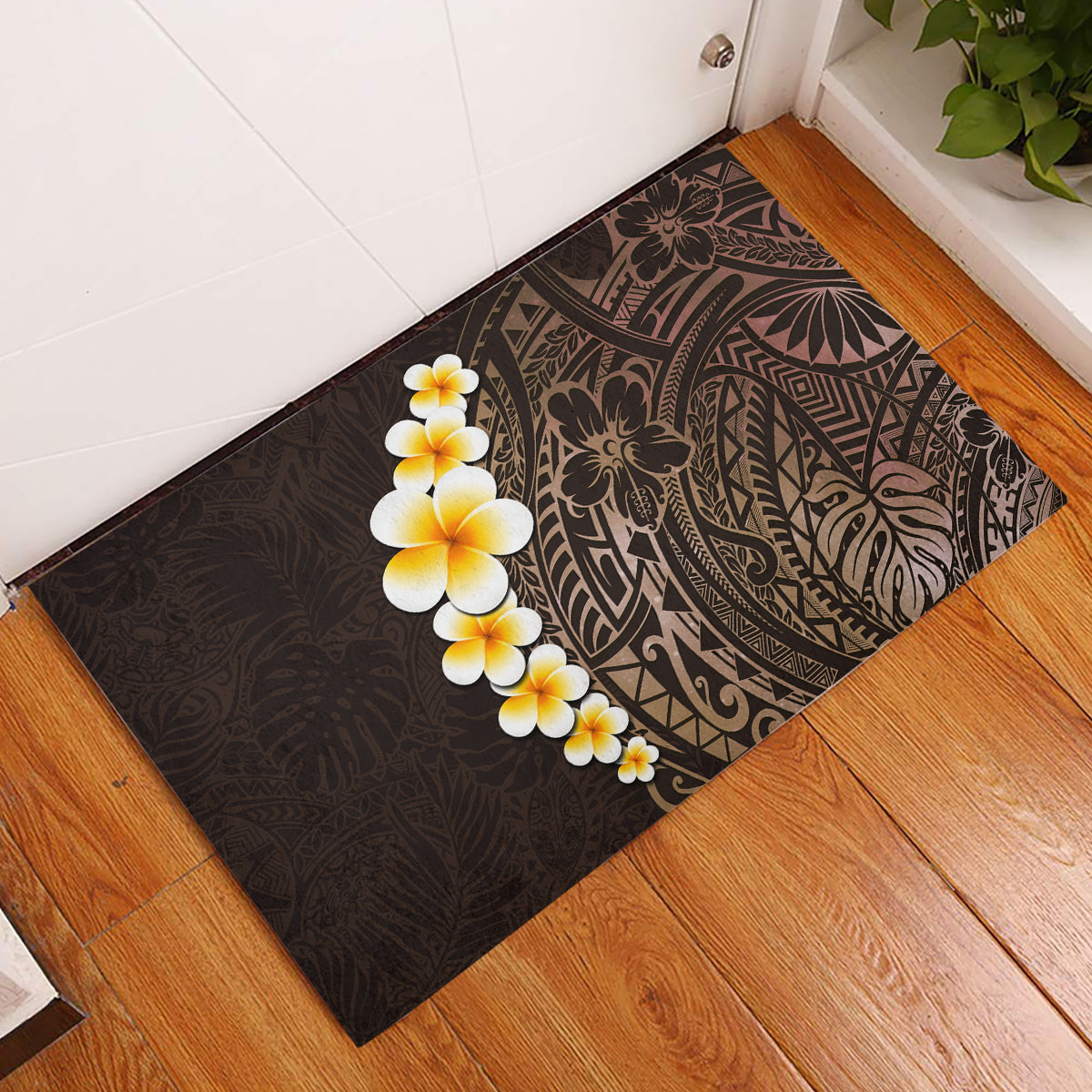 Brown Polynesia Rubber Doormat Plumeria Tropical Leaves With Galaxy Polynesian Art LT14 Brown - Polynesian Pride