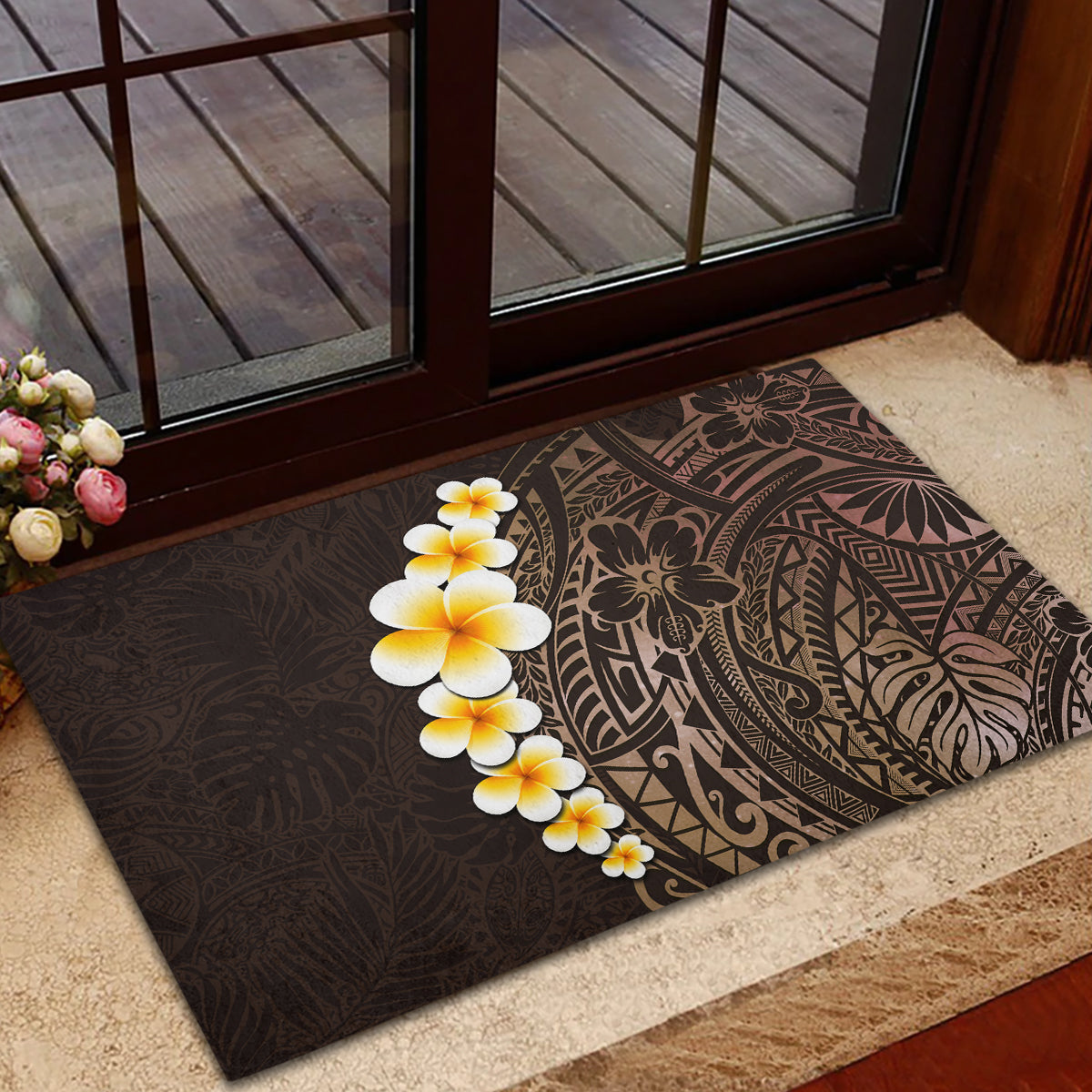 Brown Polynesia Rubber Doormat Plumeria Tropical Leaves With Galaxy Polynesian Art LT14 - Polynesian Pride