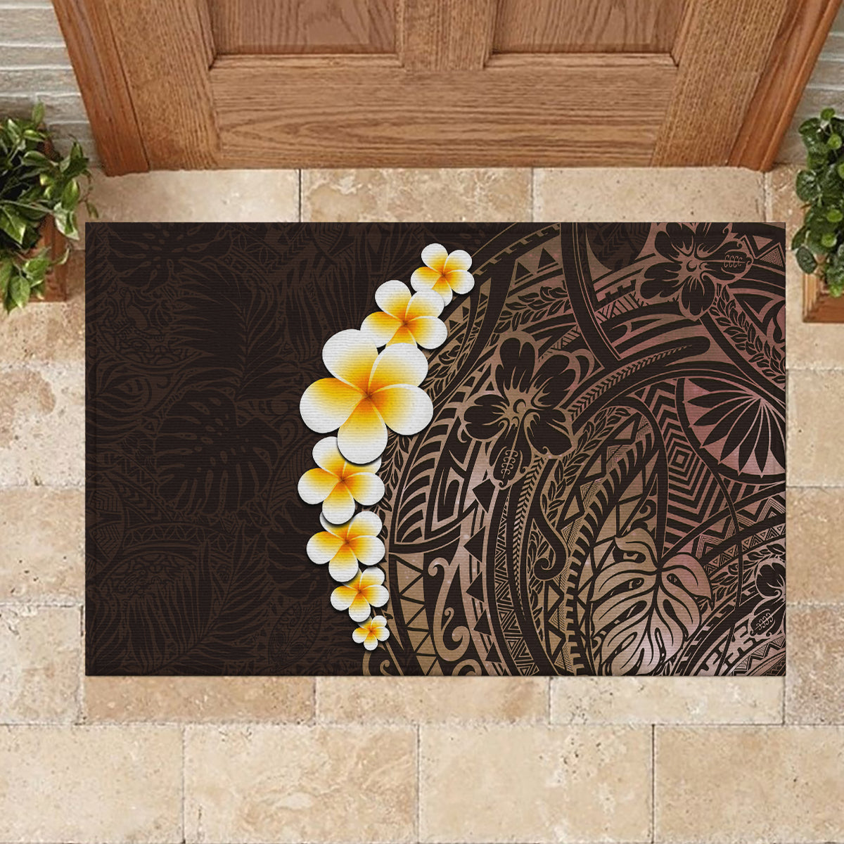 Brown Polynesia Rubber Doormat Plumeria Tropical Leaves With Galaxy Polynesian Art LT14 - Polynesian Pride