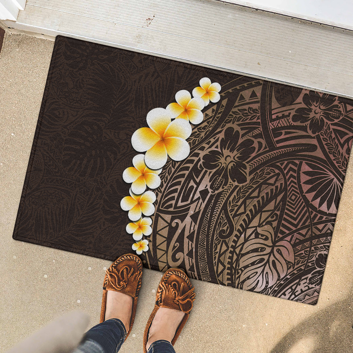 Brown Polynesia Rubber Doormat Plumeria Tropical Leaves With Galaxy Polynesian Art LT14 - Polynesian Pride