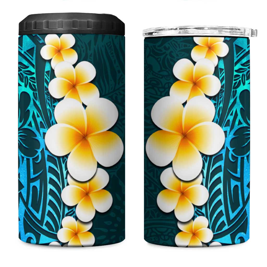Turquosie Polynesia 4 in 1 Can Cooler Tumbler Plumeria Tropical Leaves With Galaxy Polynesian Art LT14 One Size: 16 oz Turquoise - Polynesian Pride