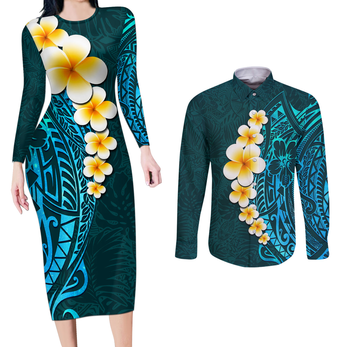 Turquosie Polynesia Couples Matching Long Sleeve Bodycon Dress and Long Sleeve Button Shirt Plumeria Tropical Leaves With Galaxy Polynesian Art LT14 Turquoise - Polynesian Pride
