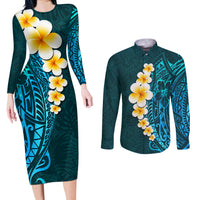 Turquosie Polynesia Couples Matching Long Sleeve Bodycon Dress and Long Sleeve Button Shirt Plumeria Tropical Leaves With Galaxy Polynesian Art LT14 Turquoise - Polynesian Pride