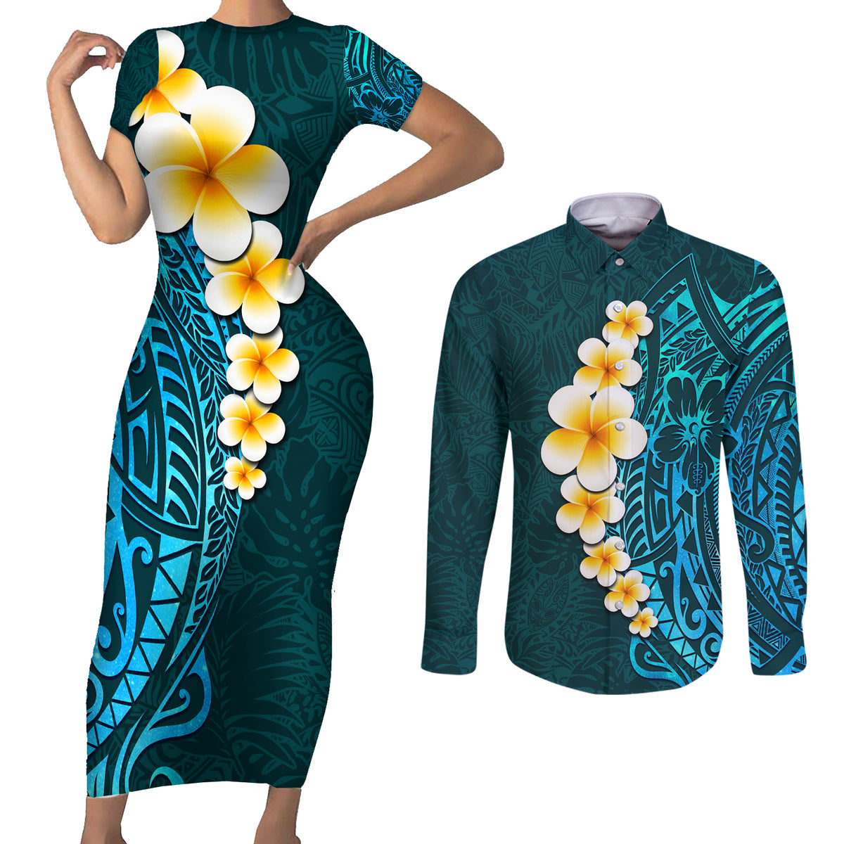 Turquosie Polynesia Couples Matching Short Sleeve Bodycon Dress and Long Sleeve Button Shirt Plumeria Tropical Leaves With Galaxy Polynesian Art LT14 Turquoise - Polynesian Pride
