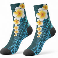 Turquoise Tropical Plumeria With Galaxy Polynesian Art Crew Socks LT14 - Polynesian Pride