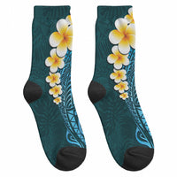 Turquoise Tropical Plumeria With Galaxy Polynesian Art Crew Socks LT14 - Polynesian Pride