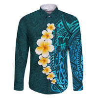 Turquosie Polynesia Family Matching Off Shoulder Short Dress and Hawaiian Shirt Plumeria Tropical Leaves With Galaxy Polynesian Art LT14 Dad's Shirt - Long Sleeve Turquoise - Polynesian Pride