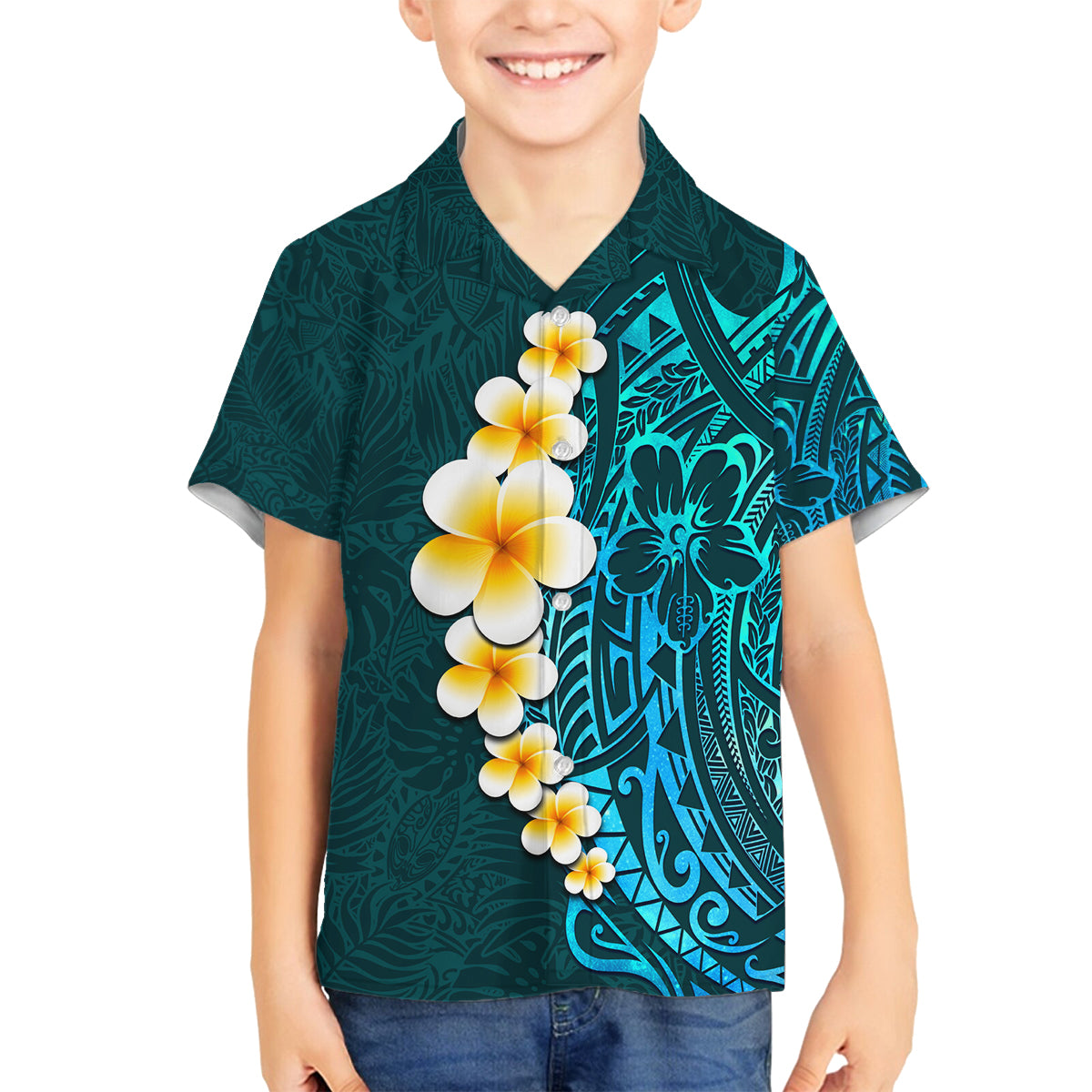Turquosie Polynesia Family Matching Summer Maxi Dress and Hawaiian Shirt Plumeria Tropical Leaves With Galaxy Polynesian Art LT14 Son's Shirt Turquoise - Polynesian Pride