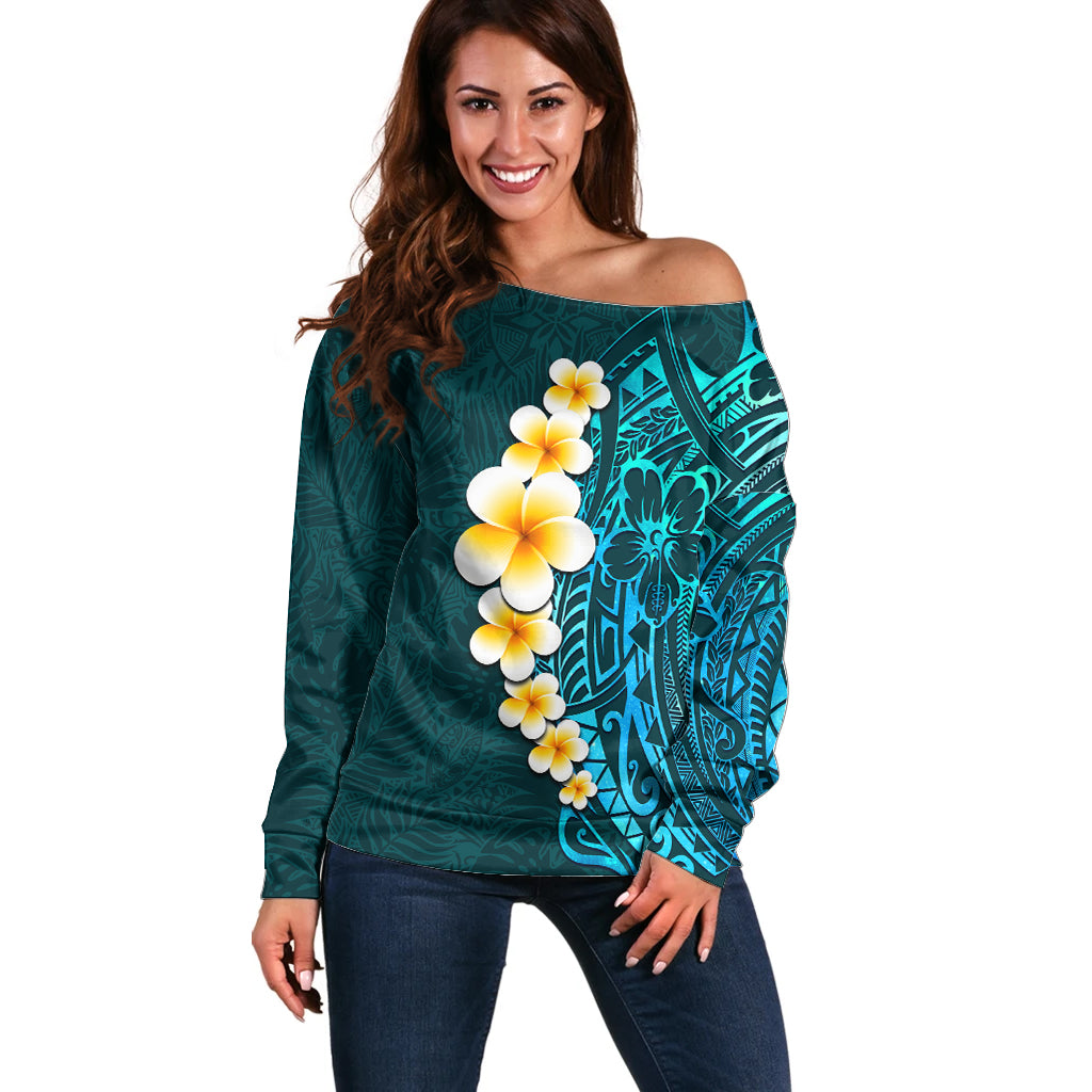 Turquosie Polynesia Off Shoulder Sweater Plumeria Tropical Leaves With Galaxy Polynesian Art LT14 Women Turquoise - Polynesian Pride