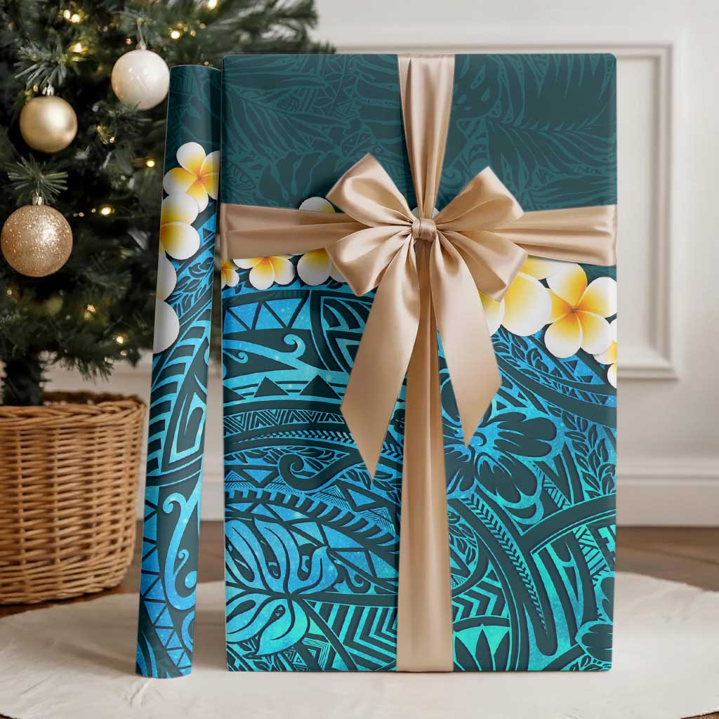 Turquosie Polynesia Wrapping Paper Plumeria Tropical Leaves With Galaxy Polynesian Art