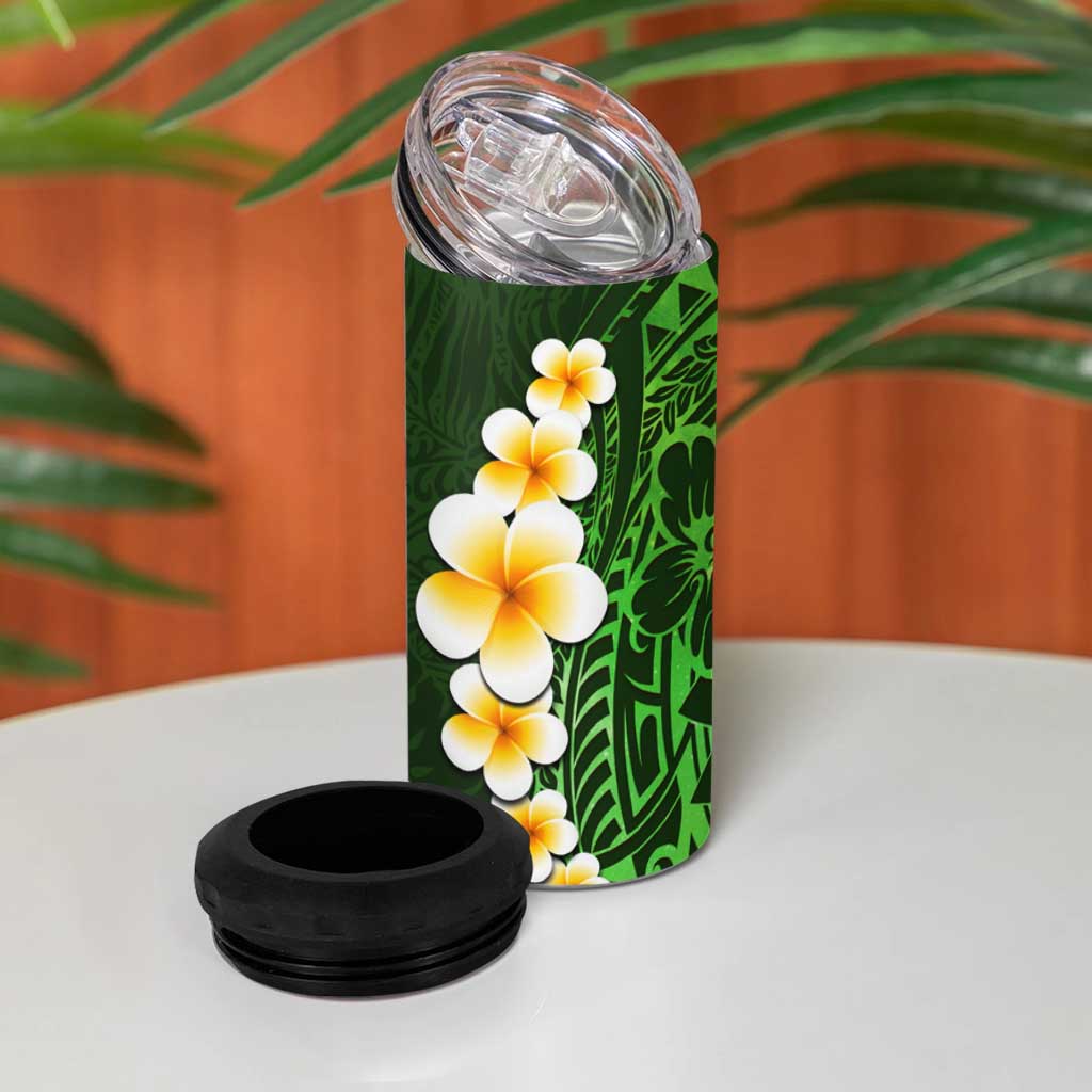 Green Polynesia 4 in 1 Can Cooler Tumbler Plumeria Tropical Leaves With Galaxy Polynesian Art