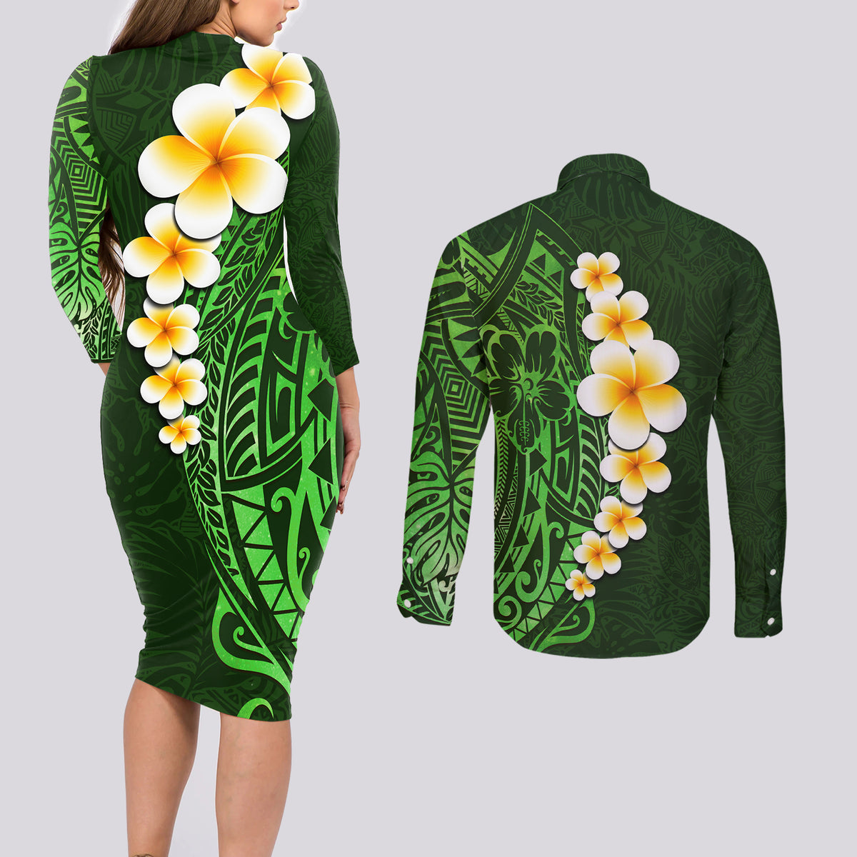 Green Polynesia Couples Matching Long Sleeve Bodycon Dress and Long Sleeve Button Shirt Plumeria Tropical Leaves With Galaxy Polynesian Art LT14 - Polynesian Pride