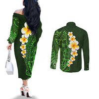 Green Polynesia Couples Matching Off Shoulder Dress and Button Shirt - Plumeria Tropical Leaves Galaxy Polynesian Art LT14 - Polynesian Pride