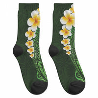 Green Tropical Plumeria With Galaxy Polynesian Art Crew Socks LT14 - Polynesian Pride