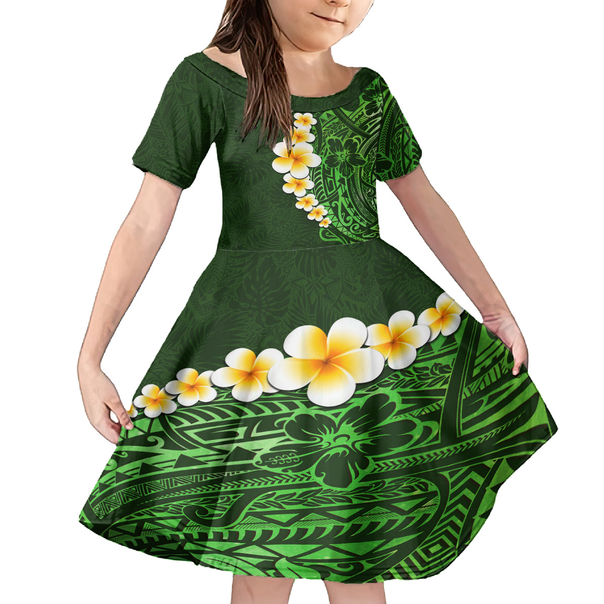 Green Polynesia Family Matching Summer Maxi Dress and Hawaiian Shirt Plumeria Tropical Leaves With Galaxy Polynesian Art LT14 Daughter's Dress Green - Polynesian Pride