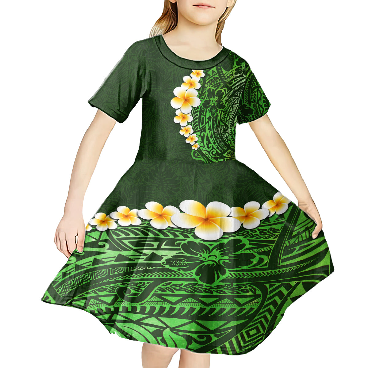Green Polynesia Kid Short Sleeve Dress Plumeria Tropical Leaves With Galaxy Polynesian Art LT14 - Polynesian Pride