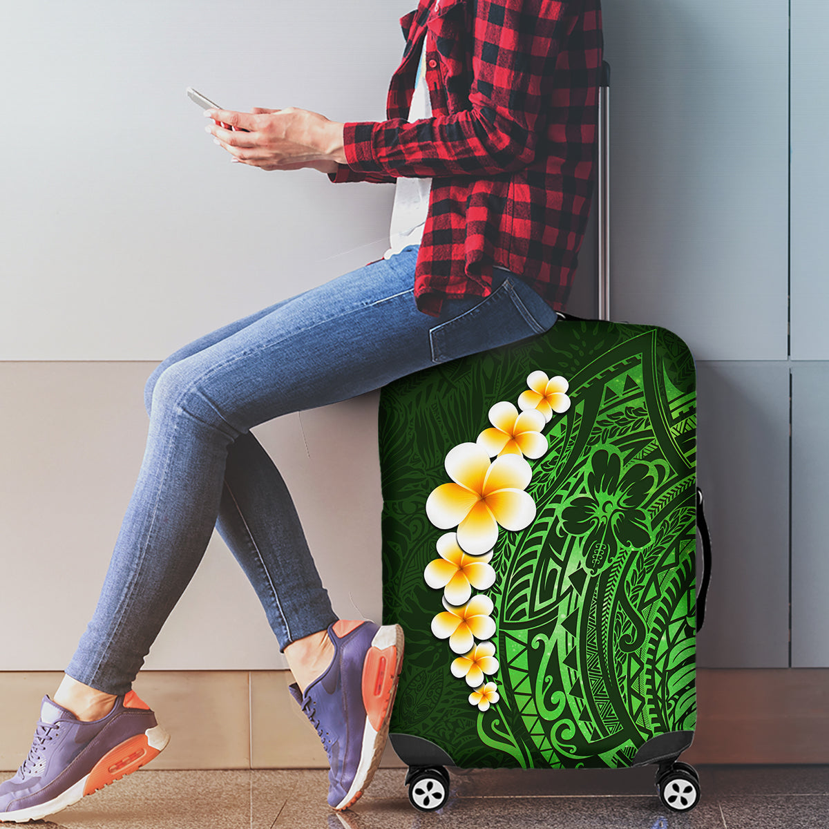 Green Polynesia Luggage Cover Plumeria Tropical Leaves With Galaxy Polynesian Art LT14 - Polynesian Pride
