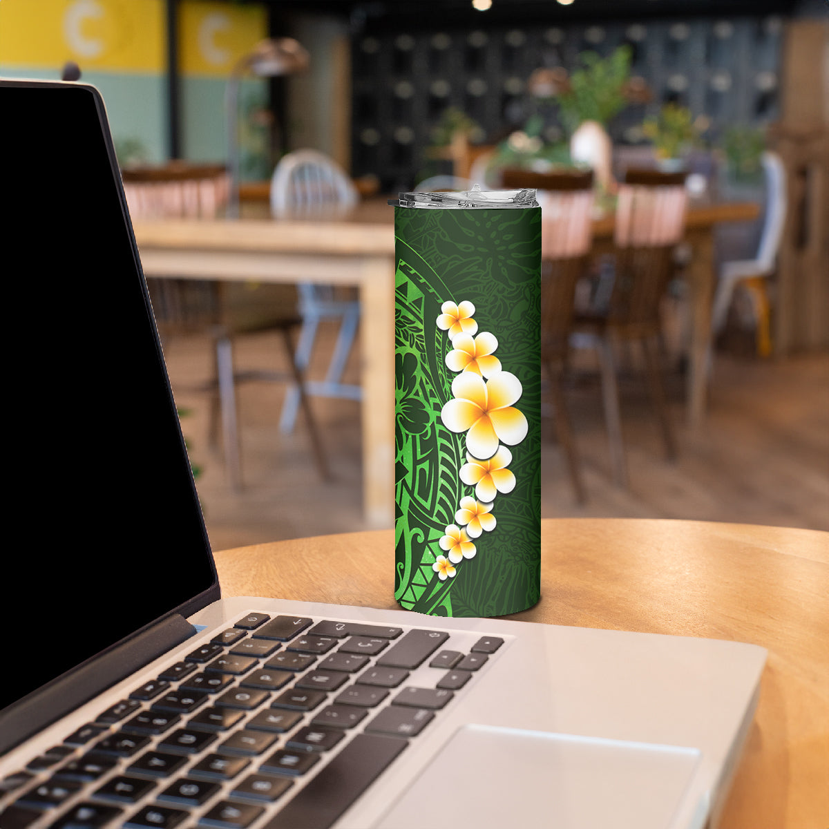 Green Polynesia Skinny Tumbler Plumeria Tropical Leaves With Galaxy Polynesian Art