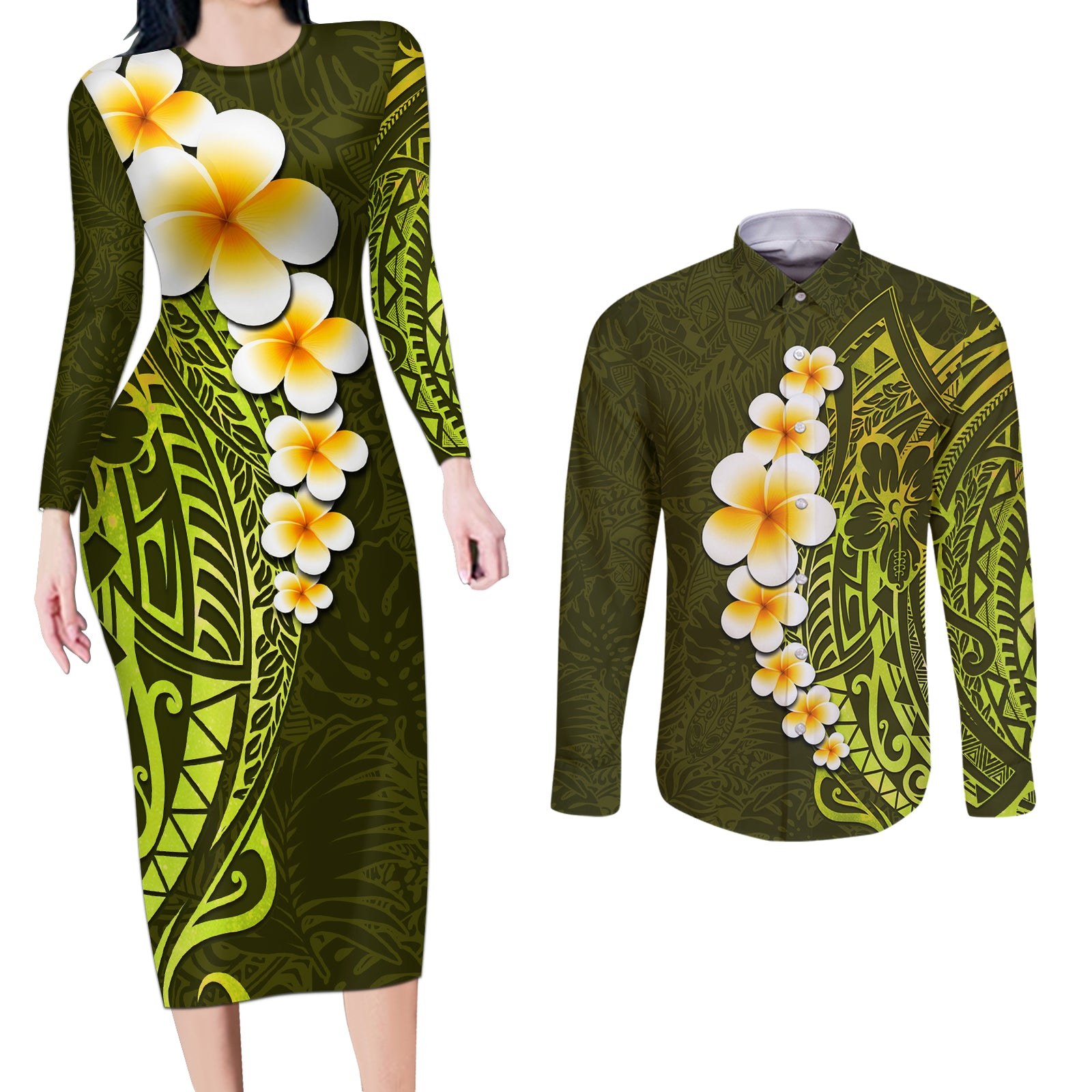 Lime Green Tropical Plumeria With Galaxy Polynesian Art Couples Matching Long Sleeve Bodycon Dress and Long Sleeve Button Shirt LT14 Lime Green - Polynesian Pride