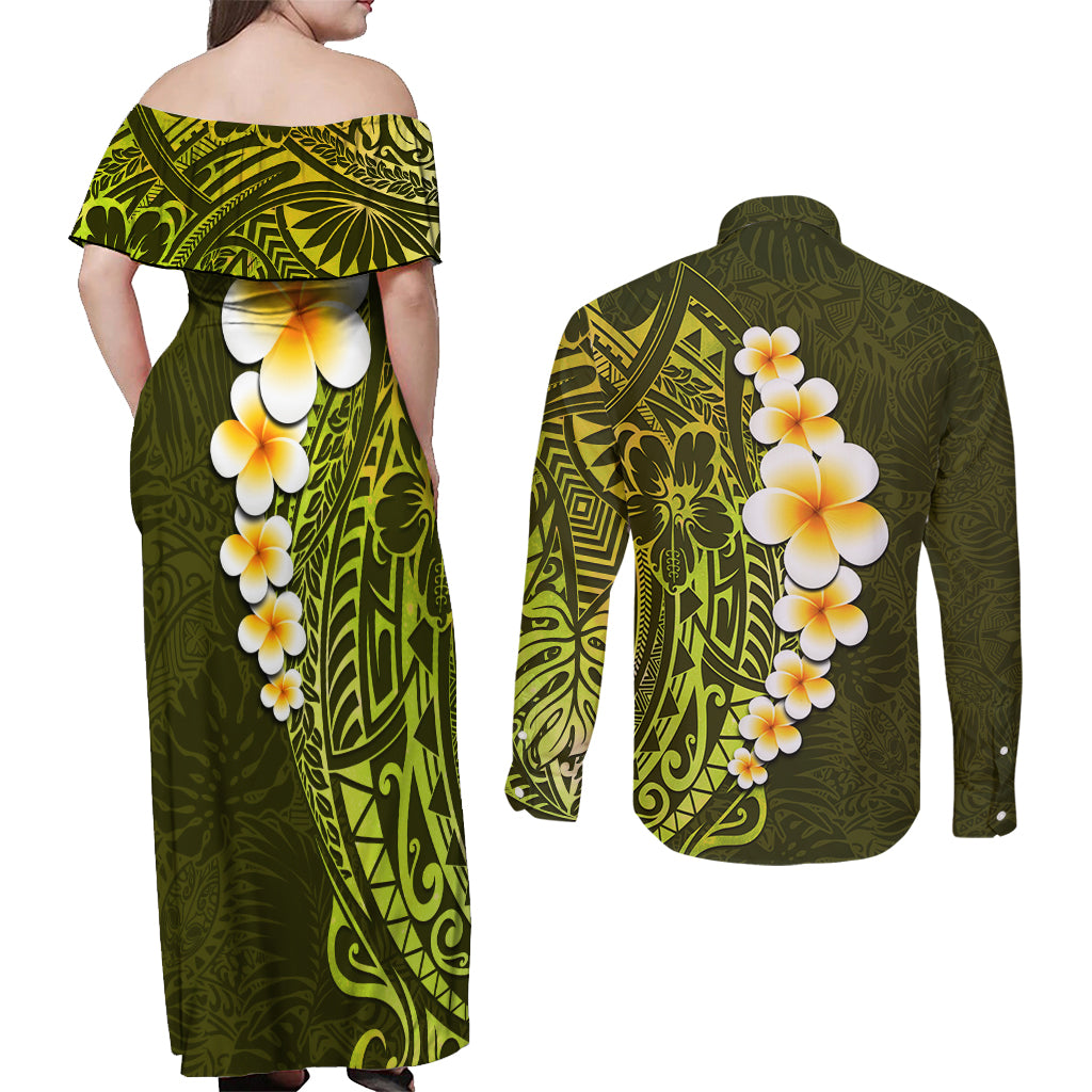 Lime Green Tropical Plumeria With Galaxy Polynesian Art Couples Matching Off Shoulder Maxi Dress and Long Sleeve Button Shirt LT14 - Polynesian Pride