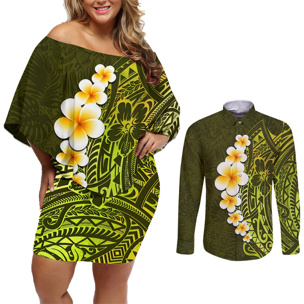Lime Green Tropical Plumeria With Galaxy Polynesian Art Couples Matching Off Shoulder Short Dress and Long Sleeve Button Shirt LT14 Lime Green - Polynesian Pride