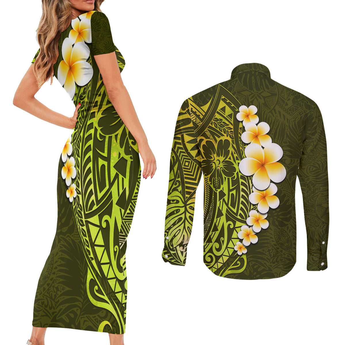 Lime Green Tropical Plumeria With Galaxy Polynesian Art Couples Matching Short Sleeve Bodycon Dress and Long Sleeve Button Shirt LT14 - Polynesian Pride