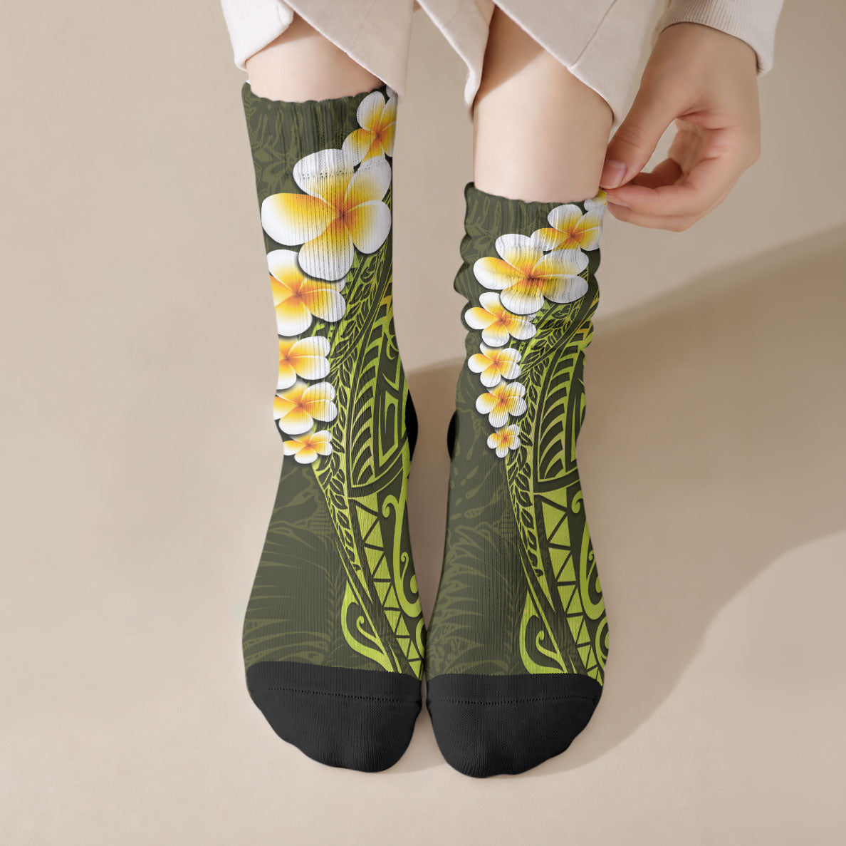 Lime Green Tropical Plumeria With Galaxy Polynesian Art Crew Socks LT14 Crew Socks Lime Green - Polynesian Pride