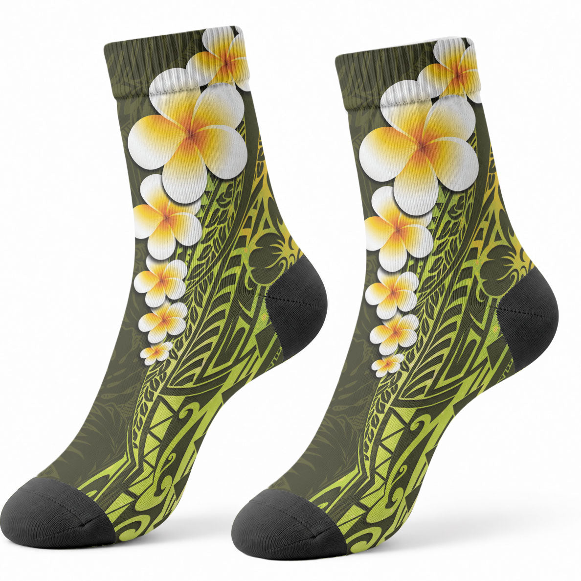 Lime Green Tropical Plumeria With Galaxy Polynesian Art Crew Socks LT14 - Polynesian Pride