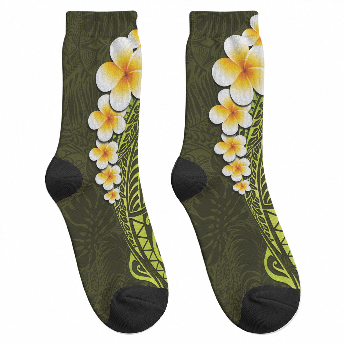 Lime Green Tropical Plumeria With Galaxy Polynesian Art Crew Socks LT14 - Polynesian Pride