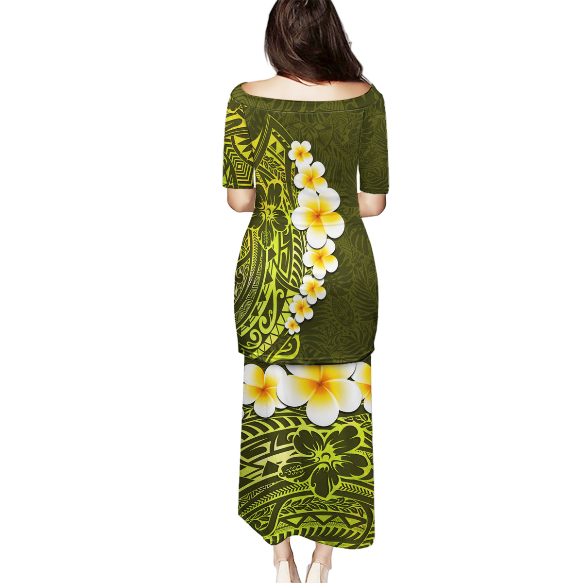 Lime Green Tropical Plumeria With Galaxy Polynesian Art Puletasi LT14 - Polynesian Pride
