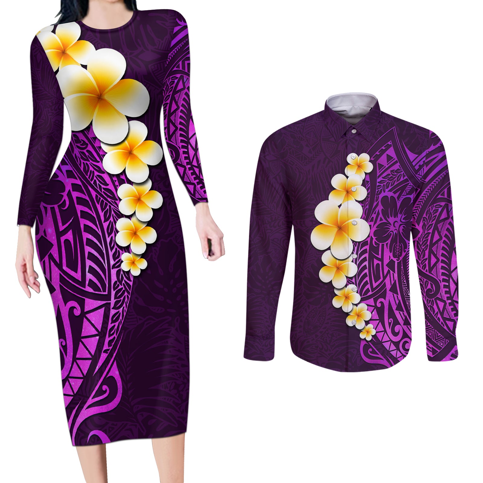 Purple Tropical Plumeria With Galaxy Polynesian Art Couples Matching Long Sleeve Bodycon Dress and Long Sleeve Button Shirt LT14 Purple - Polynesian Pride