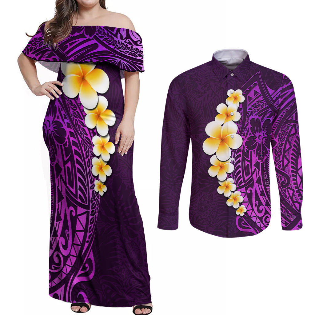 Purple Tropical Plumeria With Galaxy Polynesian Art Couples Matching Off Shoulder Maxi Dress and Long Sleeve Button Shirt LT14 Purple - Polynesian Pride