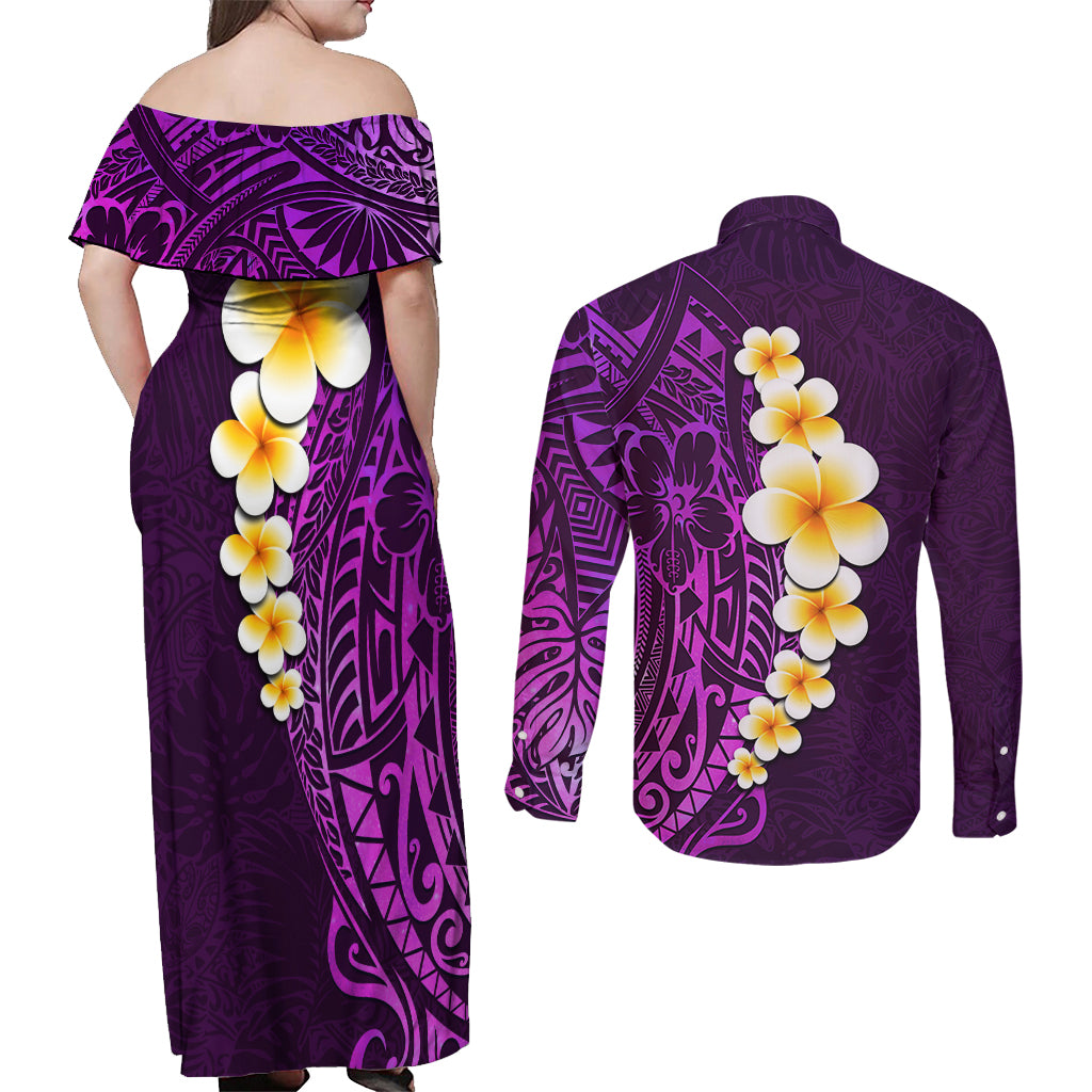 Purple Tropical Plumeria With Galaxy Polynesian Art Couples Matching Off Shoulder Maxi Dress and Long Sleeve Button Shirt LT14 - Polynesian Pride