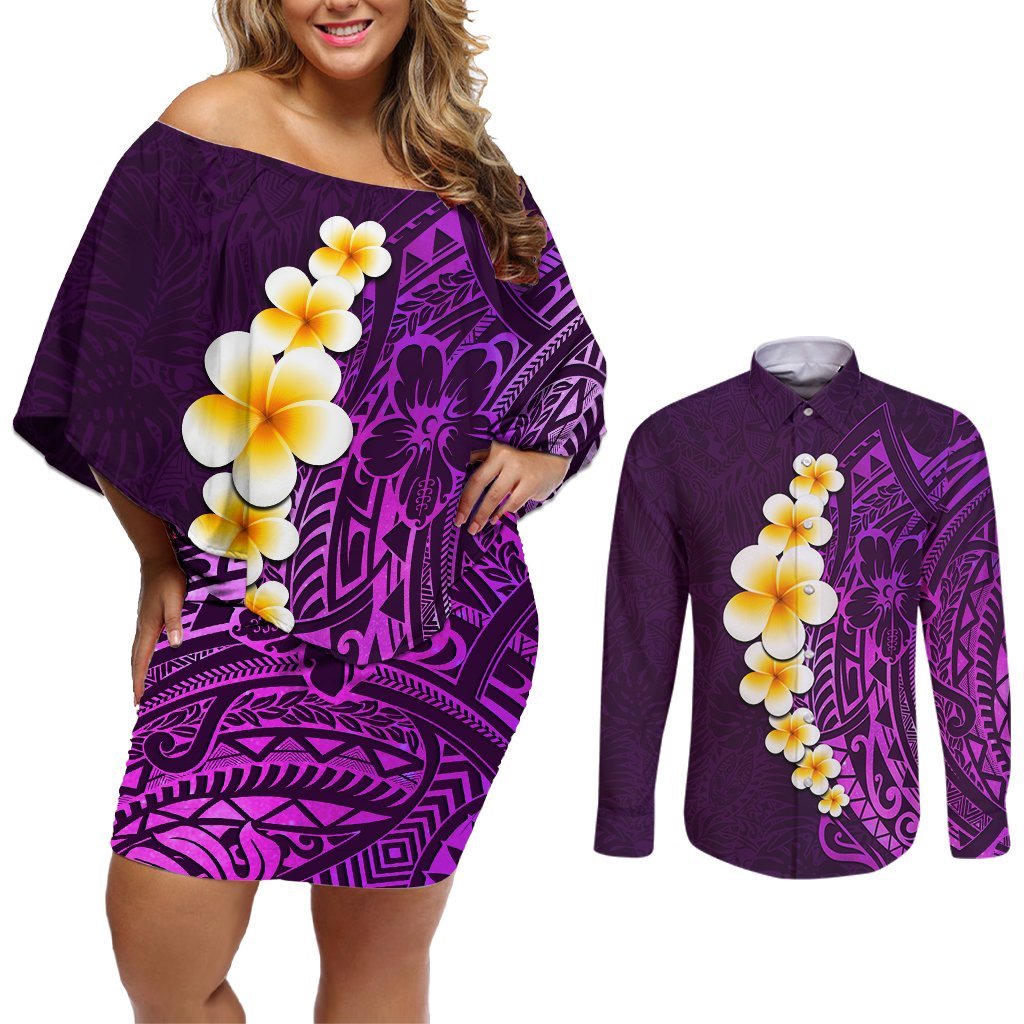 Purple Tropical Plumeria With Galaxy Polynesian Art Couples Matching Off Shoulder Short Dress and Long Sleeve Button Shirt LT14 Purple - Polynesian Pride