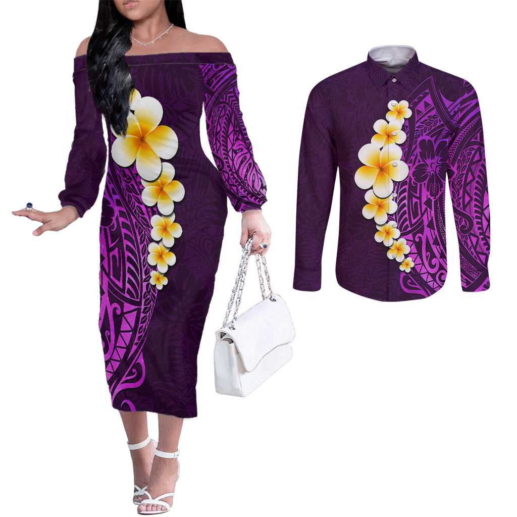 Purple Tropical Plumeria With Galaxy Polynesian Art Couples Matching Off The Shoulder Long Sleeve Dress and Long Sleeve Button Shirt LT14 Purple - Polynesian Pride