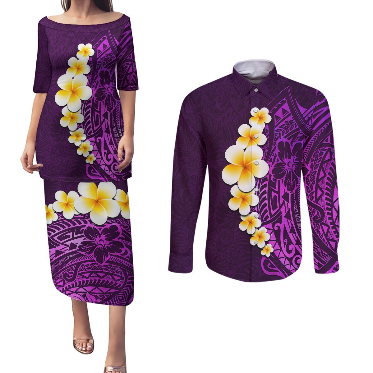 Purple Tropical Plumeria With Galaxy Polynesian Art Couples Matching Puletasi Dress and Long Sleeve Button Shirt LT14 Purple - Polynesian Pride