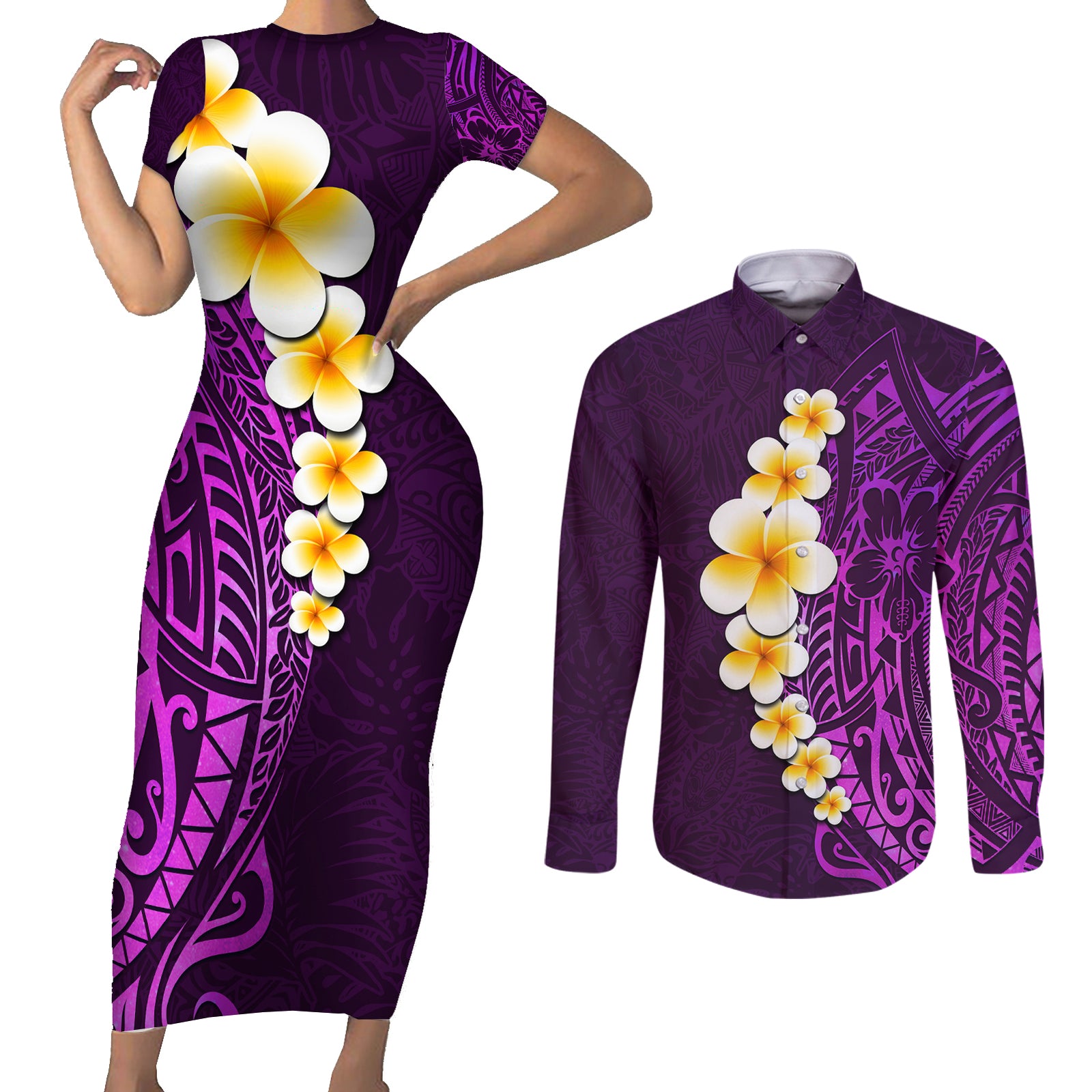 Purple Tropical Plumeria With Galaxy Polynesian Art Couples Matching Short Sleeve Bodycon Dress and Long Sleeve Button Shirt LT14 Purple - Polynesian Pride