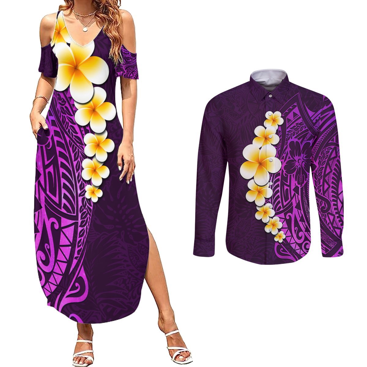 Purple Tropical Plumeria With Galaxy Polynesian Art Couples Matching Summer Maxi Dress and Long Sleeve Button Shirt LT14 Purple - Polynesian Pride