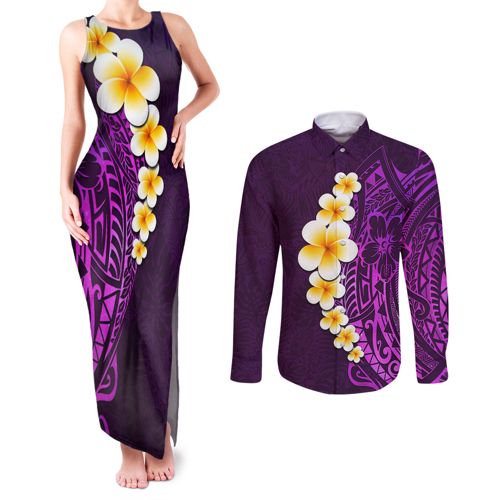 Purple Tropical Plumeria With Galaxy Polynesian Art Couples Matching Tank Maxi Dress and Long Sleeve Button Shirt LT14 Purple - Polynesian Pride