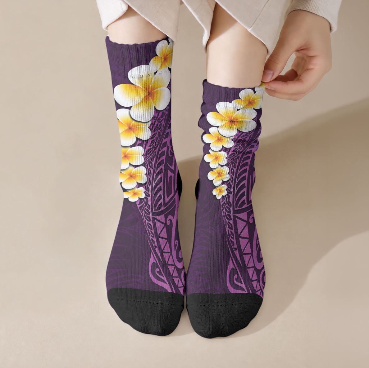 Purple Tropical Plumeria With Galaxy Polynesian Art Crew Socks LT14 Crew Socks Purple - Polynesian Pride