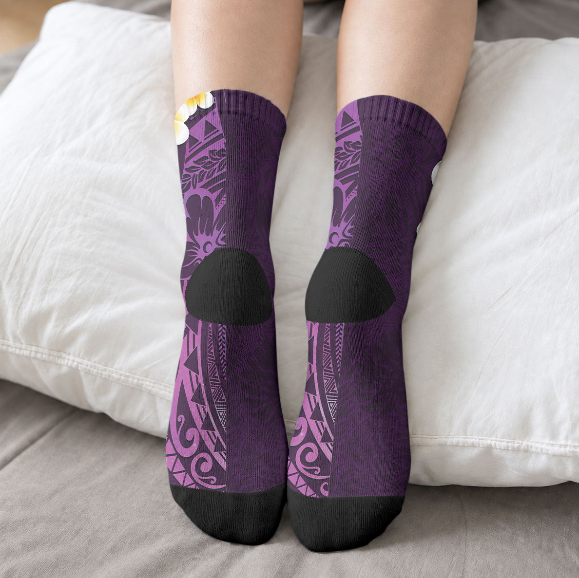Purple Tropical Plumeria With Galaxy Polynesian Art Crew Socks LT14 - Polynesian Pride