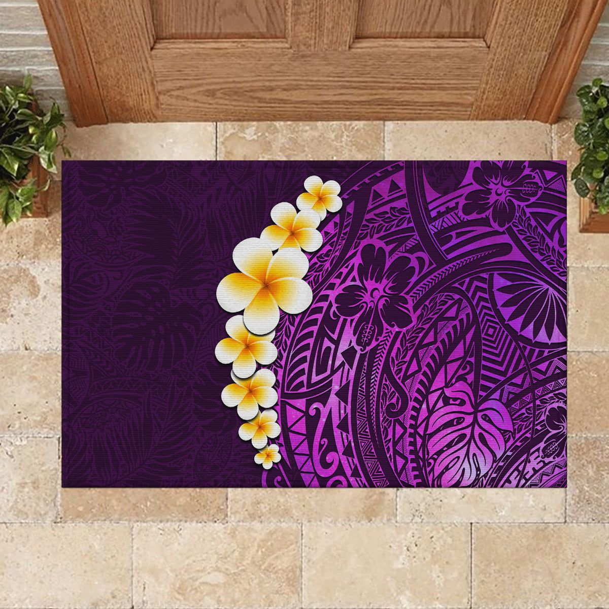 Purple Tropical Plumeria With Galaxy Polynesian Art Rubber Doormat LT14 - Polynesian Pride