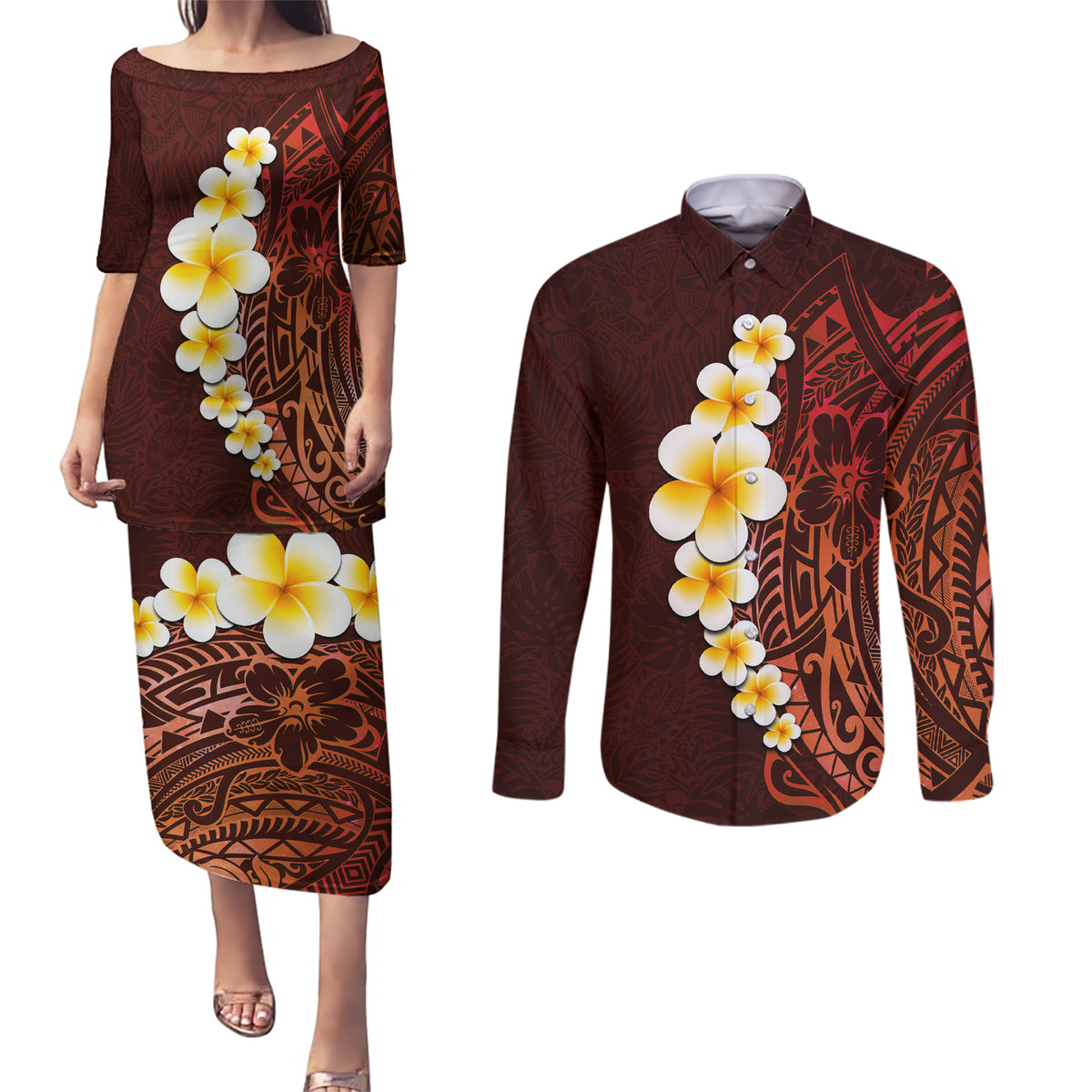 Red Tropical Plumeria With Galaxy Polynesian Art Couples Matching Puletasi Dress and Long Sleeve Button Shirt LT14 Red - Polynesian Pride