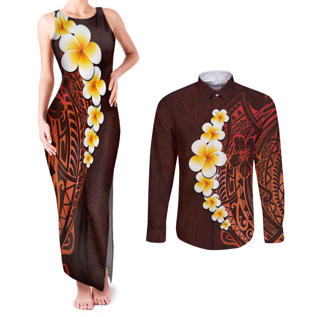 Red Tropical Plumeria With Galaxy Polynesian Art Couples Matching Tank Maxi Dress and Long Sleeve Button Shirt LT14 Red - Polynesian Pride
