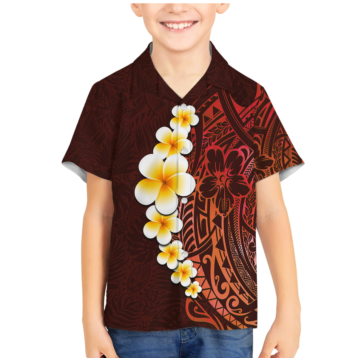 Red Tropical Plumeria With Galaxy Polynesian Art Family Matching Mermaid Dress and Hawaiian Shirt LT14 Son's Shirt Red - Polynesian Pride