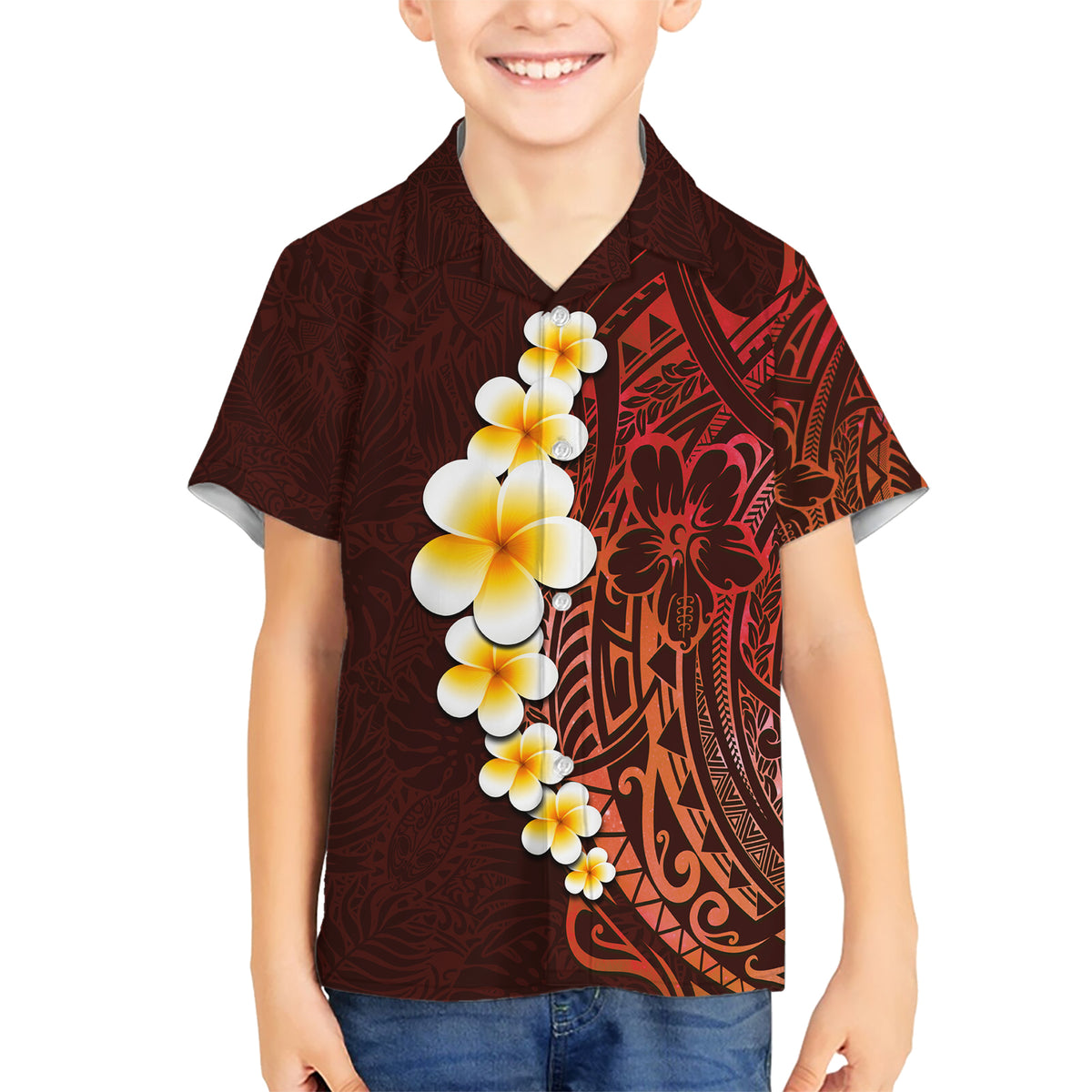 Red Tropical Plumeria With Galaxy Polynesian Art Kid Hawaiian Shirt LT14 Kid Red - Polynesian Pride